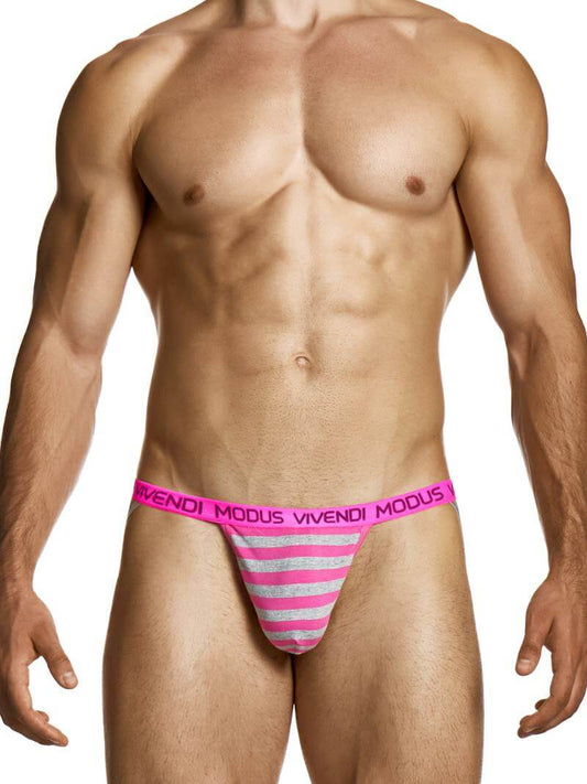 Man wearing pink and white striped underwear with 'Modus Vivendi' branding on a white background