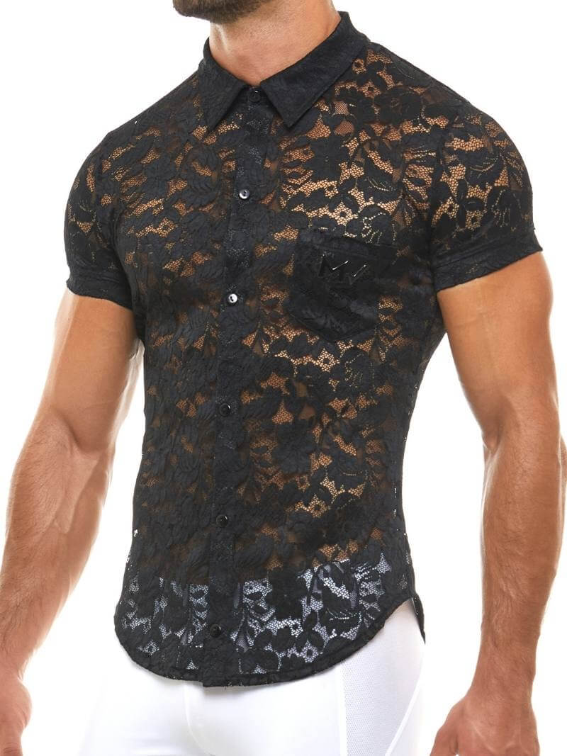 Man wearing a black lace short-sleeve shirt on a white background