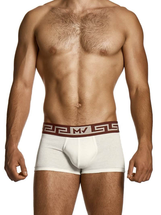 Man wearing white boxer briefs with a red waistband on a white background