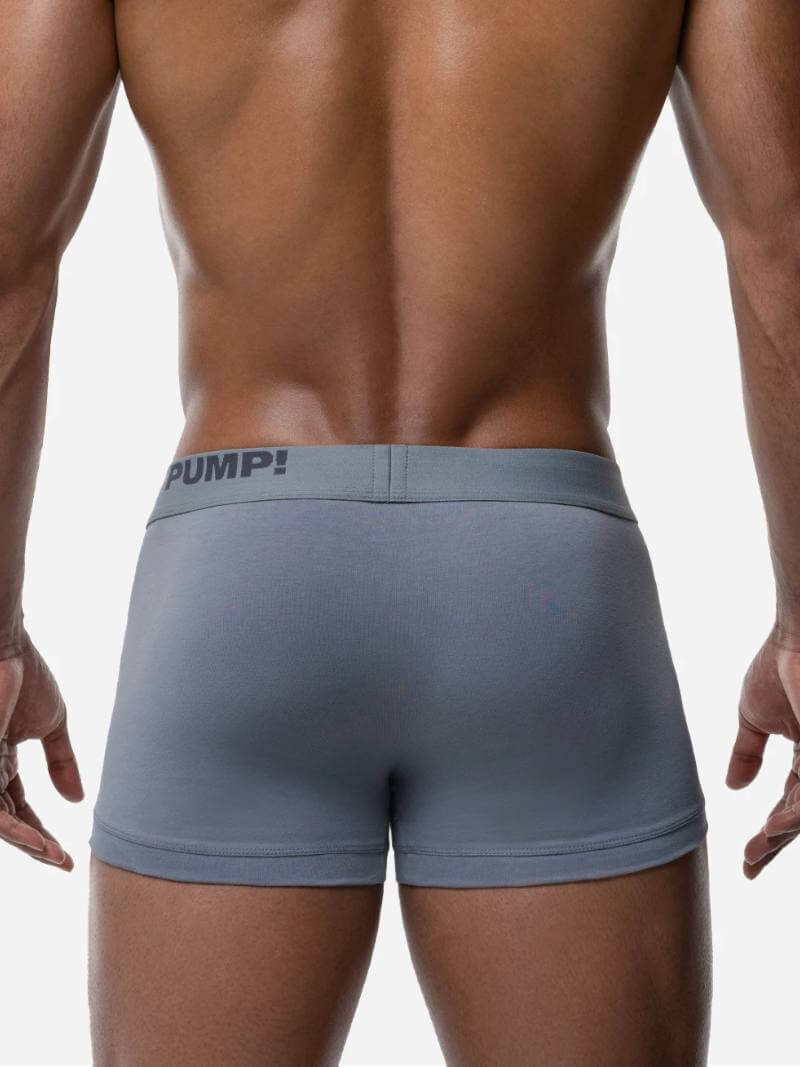 Person wearing gray boxer briefs with 'Pump!' brand logo on a plain background