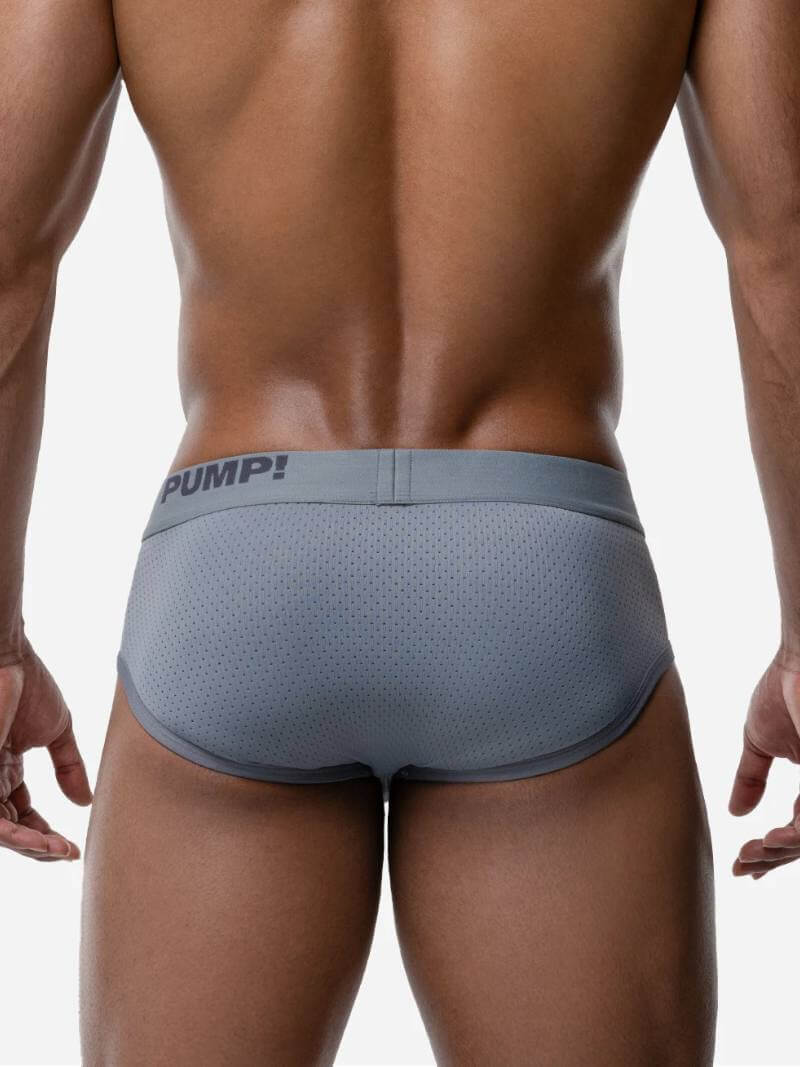 Gray men's underwear with 'PUMP!' brand logo on a plain background