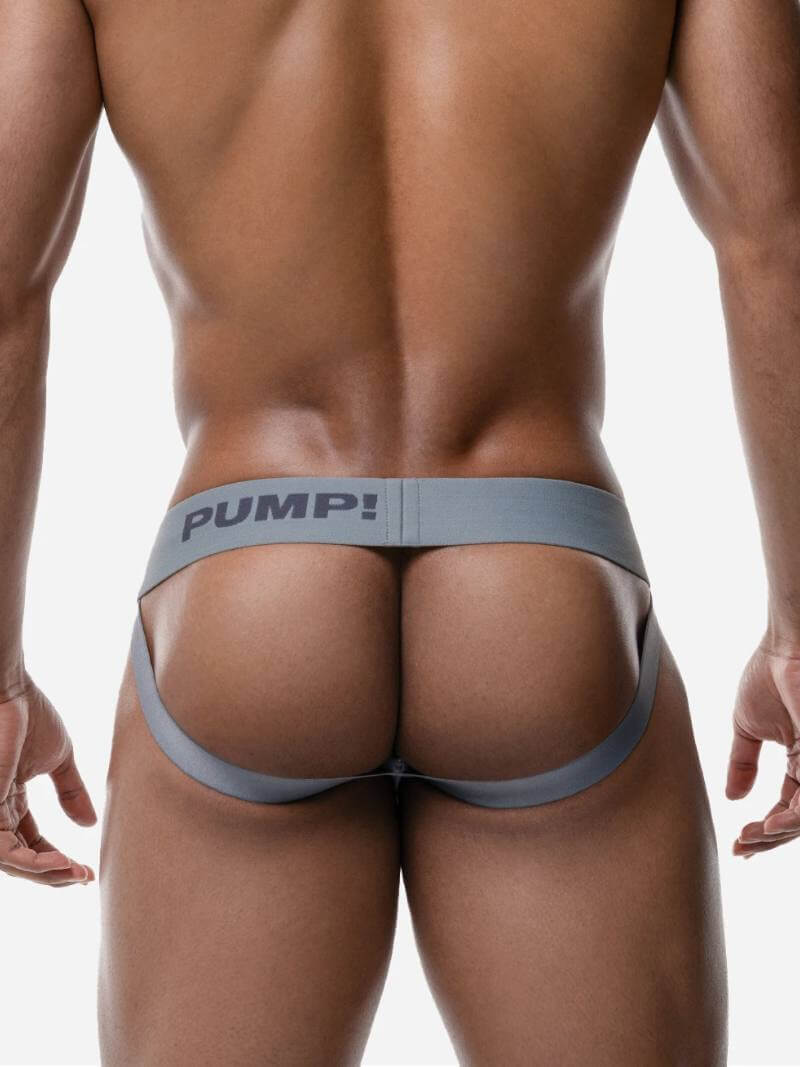 Gray men's underwear with 'PUMP!' branding on a white background