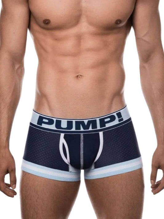 A model wearing navy and pale blue PUMP Blue Steel Touchdown Boxer briefs with elasticated leg trims and a branded waistband.