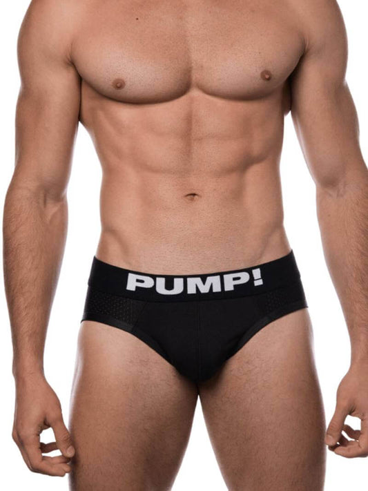 This image features the PUMP! Classic Black Brief, designed for both everyday comfort and athletic performance. The brief is crafted from a breathable nylon mesh with a cotton pouch lining, providing excellent ventilation and comfort.