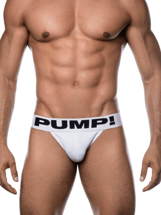 This image features the PUMP! Classic White Jockstrap, designed for both everyday comfort and athletic performance. The jockstrap is crafted from a soft cotton blend with elastane for stretch, ensuring a snug yet comfortable fit.