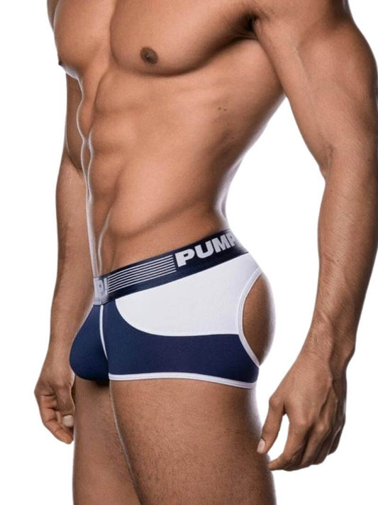 A model wearing navy and white striped PUMP underwear with a contoured pouch and a visible brand waistband.