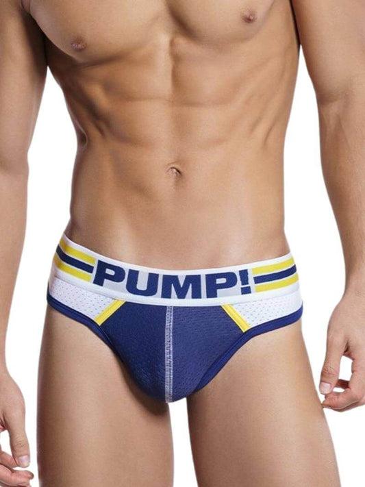 This image features the PUMP Underwear Recharge Thong, designed for both comfort and style. The thong has a multi-panelled body, contrasting navy and white webbing with yellow piping and white stitching adding a sporty touch.