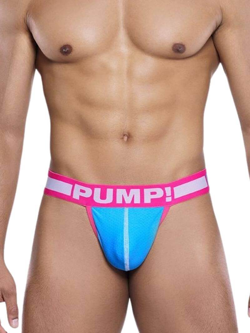 This image features the PUMP Underwear Sugar Rush Thong, designed for both style and comfort. The thong has a vibrant blue front cup with contrasting pink trim piping and white stitching, adding a sporty touch to the design.