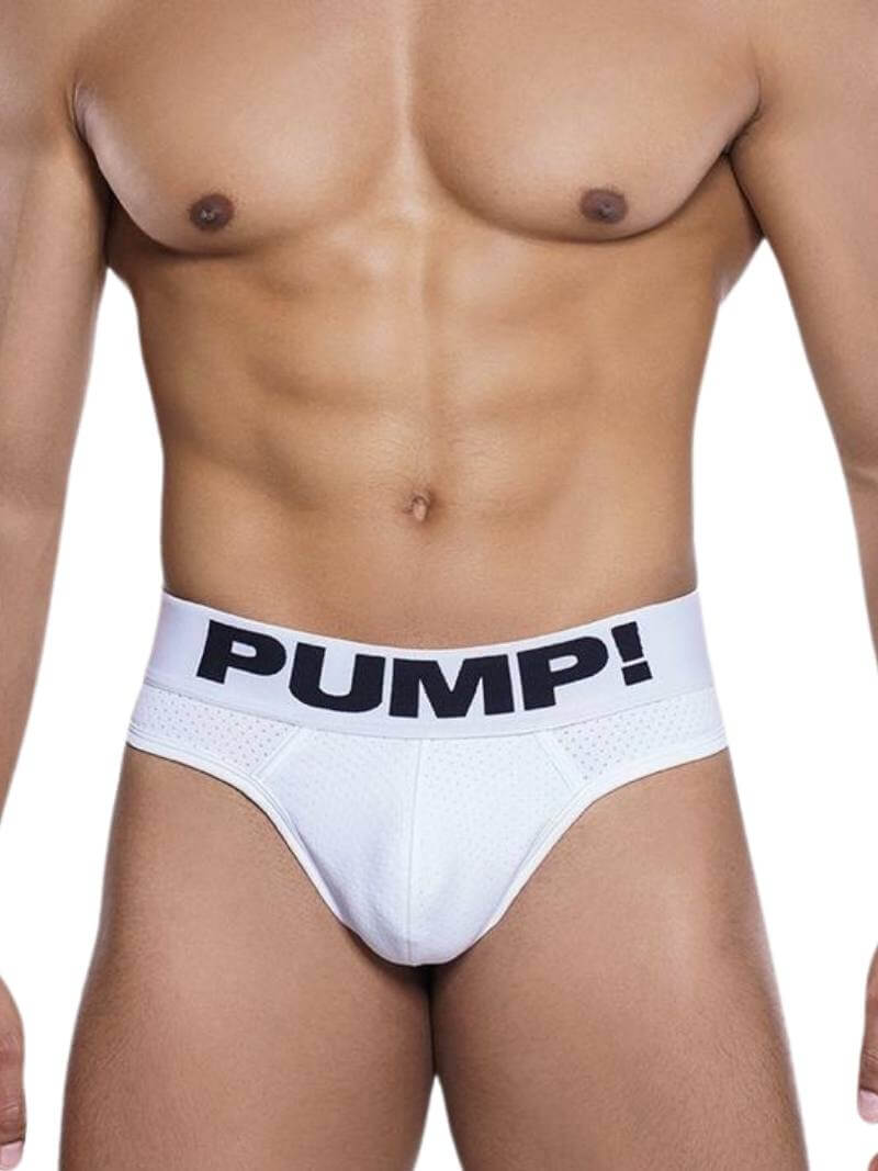 This image features the PUMP! Classic White Thong, designed for both style and comfort. The thong boasts a breathable mesh body, ideal for ventilation and movement, made from a blend of nylon and elastane.