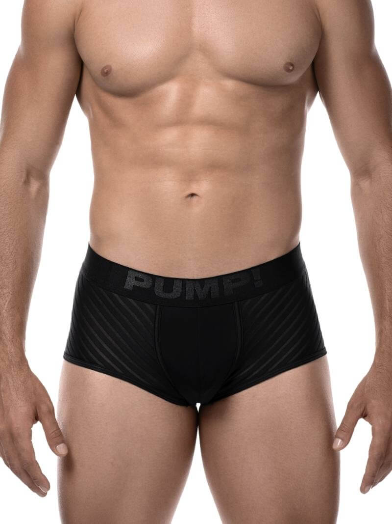 This image features the PUMP! Whisper Boxer, showcasing a minimalist design that balances elegance and comfort. The boxer is presented in a clean white color, highlighting an alternating pattern of subtly sheer stripes and solid, opaque lines that give a sleek appearance.