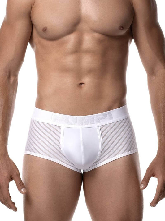 This image features the PUMP! Whisper Boxer, showcasing a minimalist design that balances elegance and comfort. The boxer is presented in a clean white color, highlighting an alternating pattern of subtly sheer stripes and solid, opaque lines that give a sleek appearance.