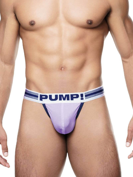 This image features the PUMP Underwear Bloom Thong, showcasing a vibrant and stylish design. The thong has a lavender front cup with contrasting navy trim piping and white stitching, adding a touch of elegance and detail.