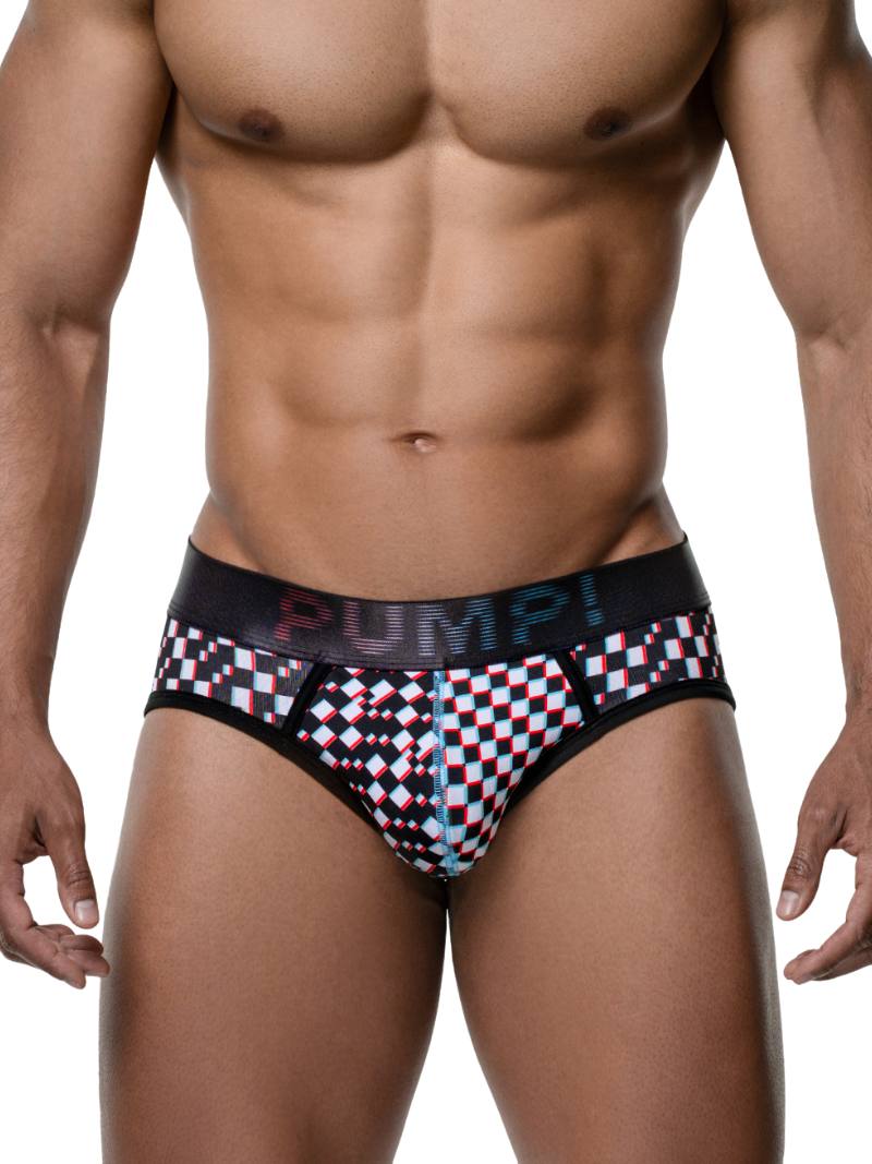 Man wearing a patterned men's underwear with 'Pump!' branding on a white background