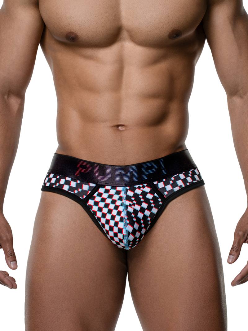 Man wearing a checkered underwear with 'PUMP!' text on a white background