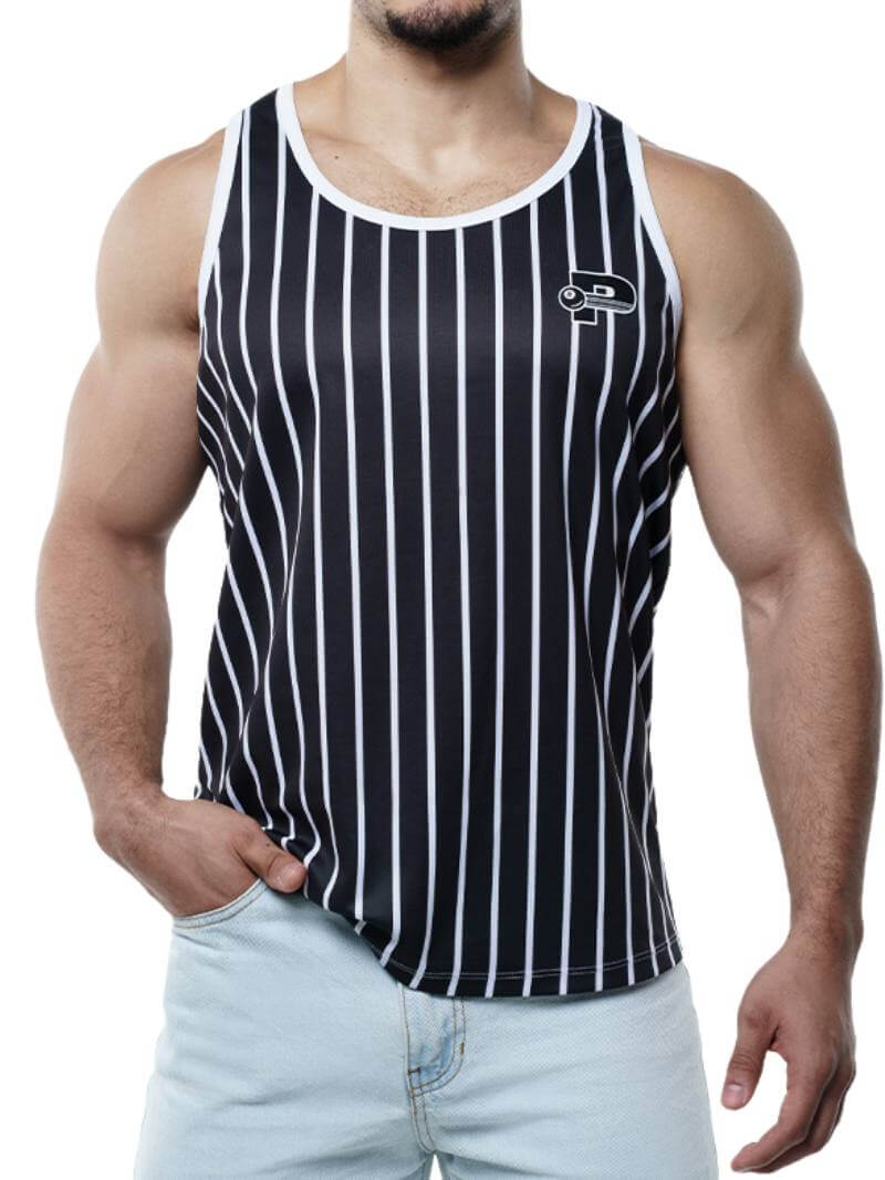 A male model wearing a black and white striped tank top with a textured pattern and a branded patch on the chest.