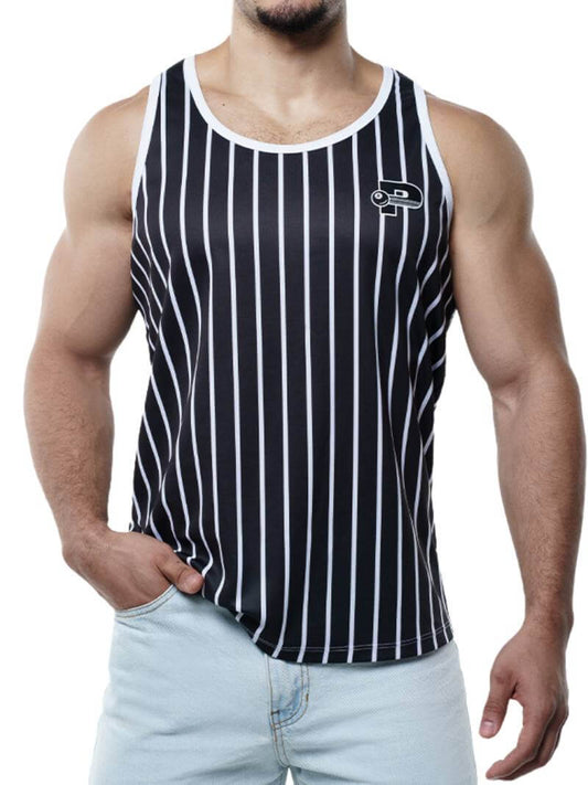 A male model wearing a black and white striped tank top with a textured pattern and a branded patch on the chest.