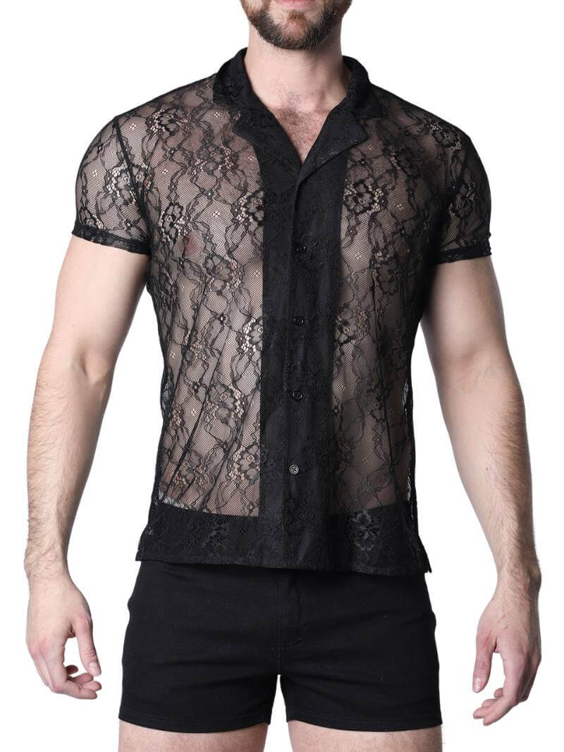 Timoteo Positano Men's See-Through Floral Lace Gay Shirt for Night Out – VOCLA Timoteo Positano Men's See-Through Floral Lace Gay Shirt for Night Out – VOCLA