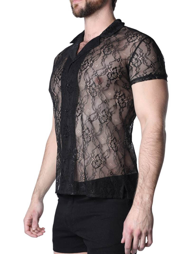 Timoteo Positano Black Floral Lace Buttoned Shirt
