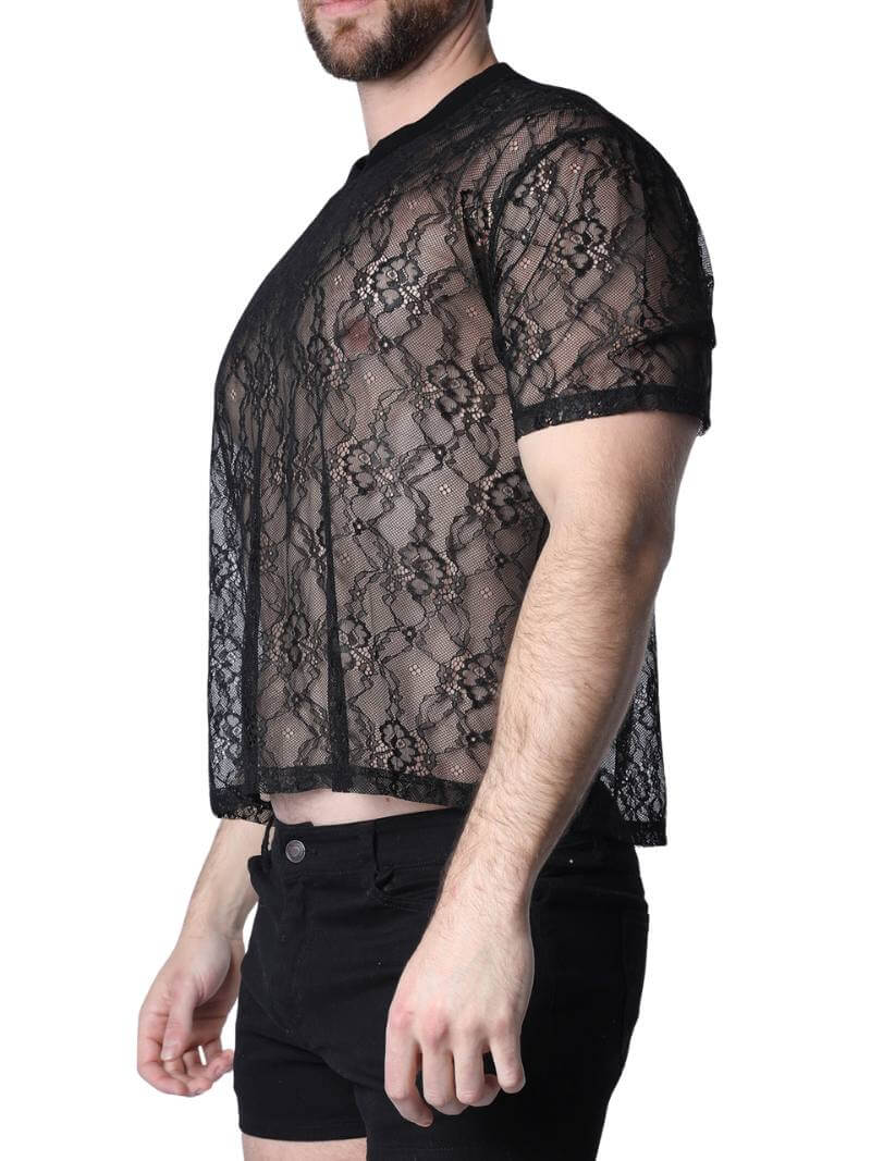 Timoteo Positano Black Floral Lace Cropped Tee