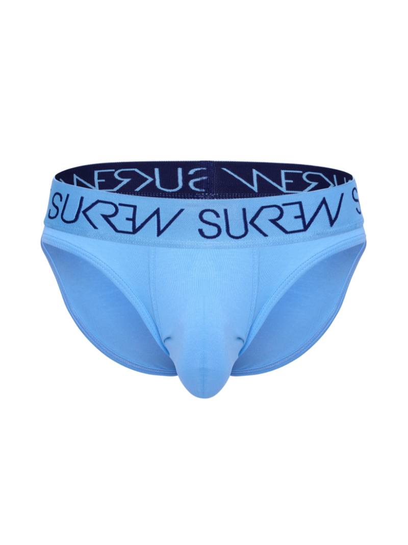 A pair of SUKREW Aqua briefs with a navy and light blue color scheme, featuring a large pouch. The waistband has the SUKREW brand name on it.