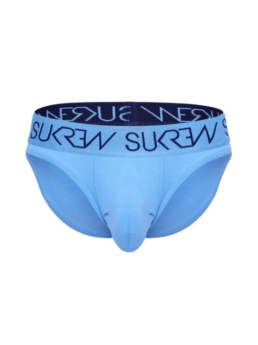A pair of SUKREW Aqua briefs with a navy and light blue color scheme, featuring a large pouch. The waistband has the SUKREW brand name on it.