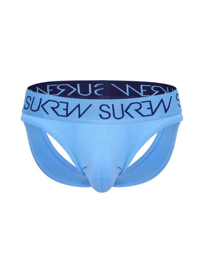 A blue and navy-colored SUKREW jock thong with a large pouch and signature waistband.
