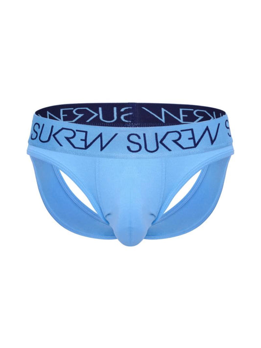 A blue and navy-colored SUKREW jock thong with a large pouch and signature waistband.