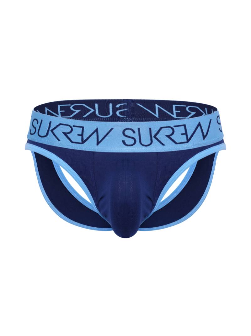 A blue and navy-colored SUKREW jock thong with a large pouch and signature waistband.