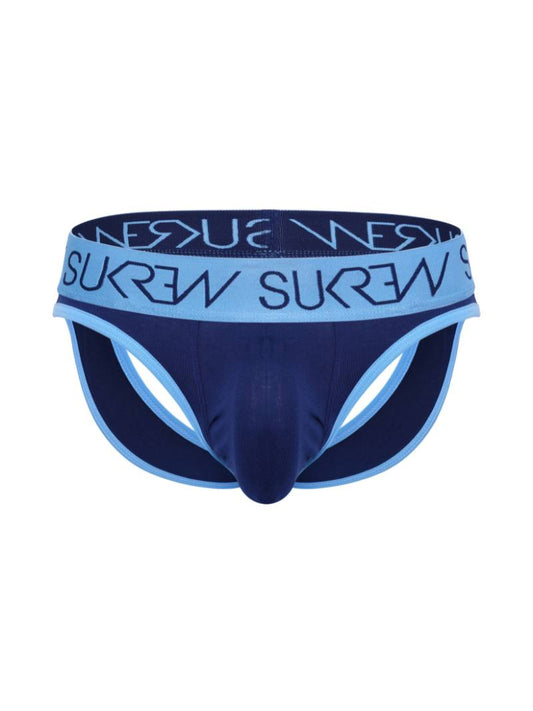 A blue and navy-colored SUKREW jock thong with a large pouch and signature waistband.