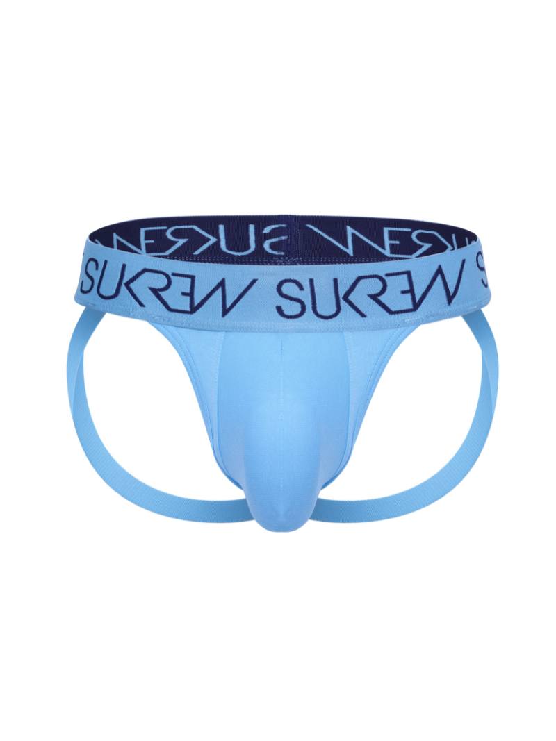 A light blue jockstrap with a larger pouch, featuring a SUKREW signature waistband.
