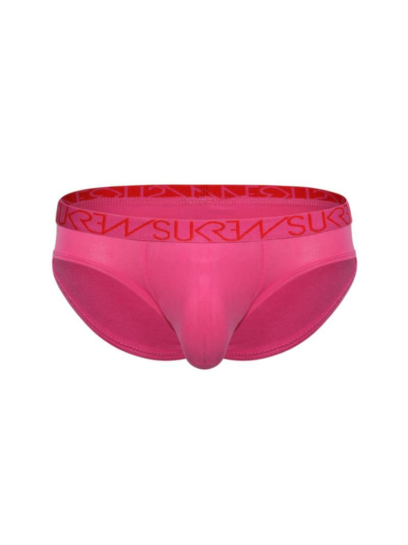 A low-rise bikini brief with a pink SUKREW branded waistband and a pink contour pouch.