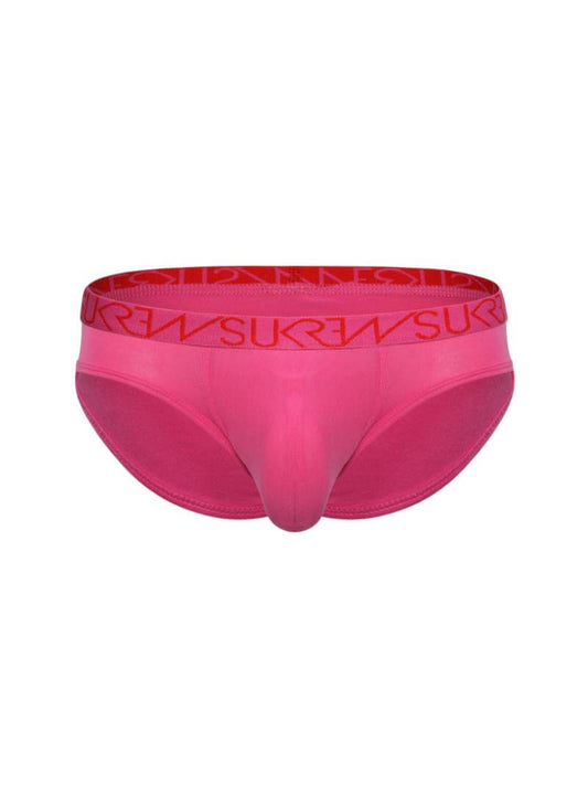 A low-rise bikini brief with a pink SUKREW branded waistband and a pink contour pouch.