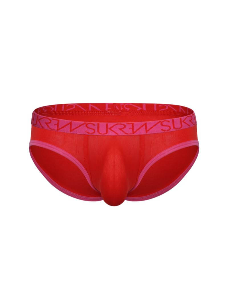 A low-rise bikini brief with a pink SUKREW branded waistband and a pink contour pouch.