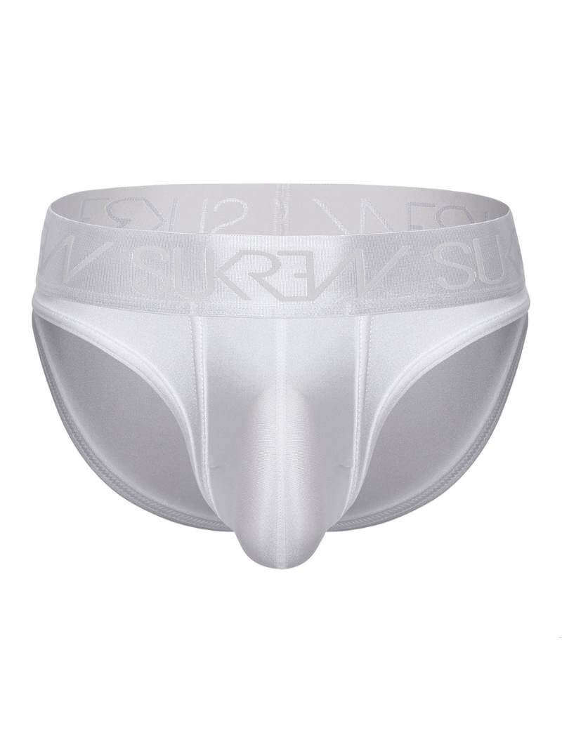 This image features the SUKREW Liberty Brief with a large pouch, showcased in a smooth white color. The design highlights a classic body shape with a distinctive shiny, smooth finish and matching waistband and trims.