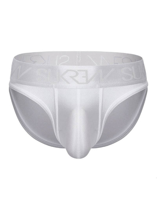 This image features the SUKREW Liberty Brief with a large pouch, showcased in a smooth white color. The design highlights a classic body shape with a distinctive shiny, smooth finish and matching waistband and trims.