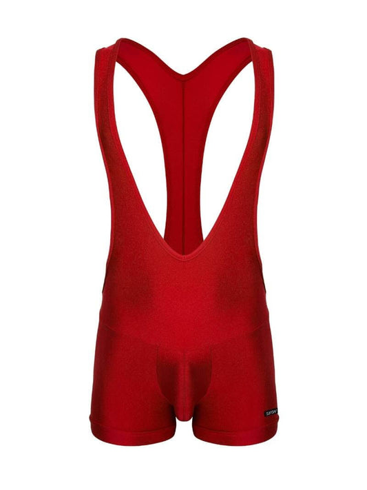 A blue singlet with a racerback design, featuring seams to contour and accentuate the bum, a low scoop neck, and deep armholes. The singlet has a shiny finish and SUKREW branding on the chest.