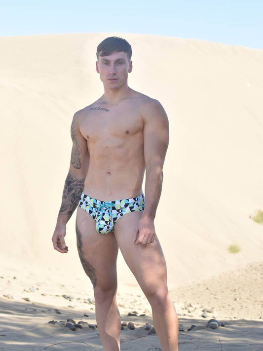 Mens SUKREW Retro Geometric Lime Swimming Brief