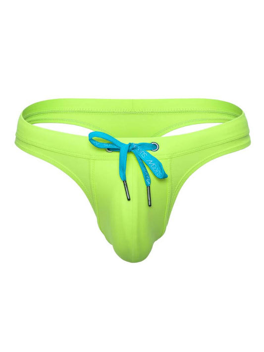 A zesty lime green swimming thong with blue drawstrings and white SUKREW branding.