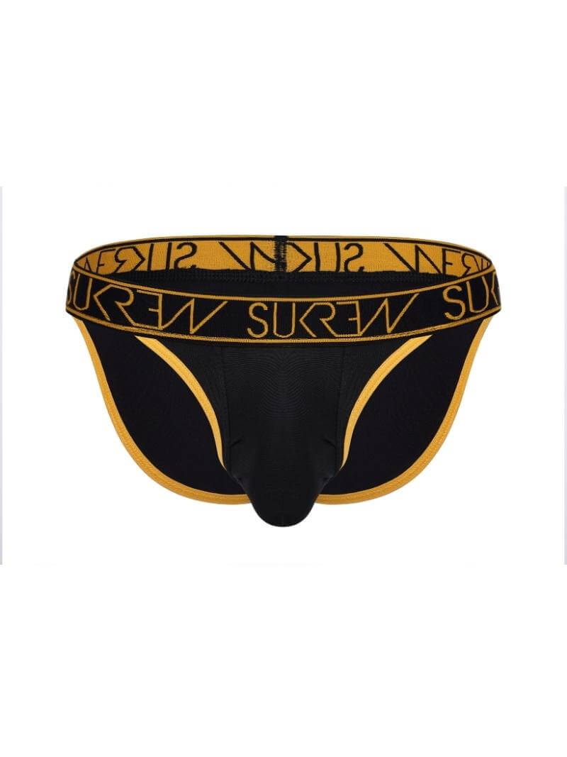 A yellow men's Tanga underwear with a black and orange signature waistband.