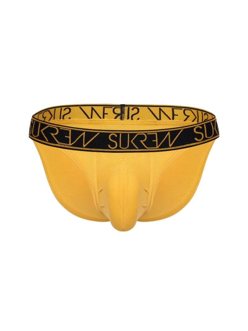 A yellow men's Tanga underwear with a black and orange signature waistband.