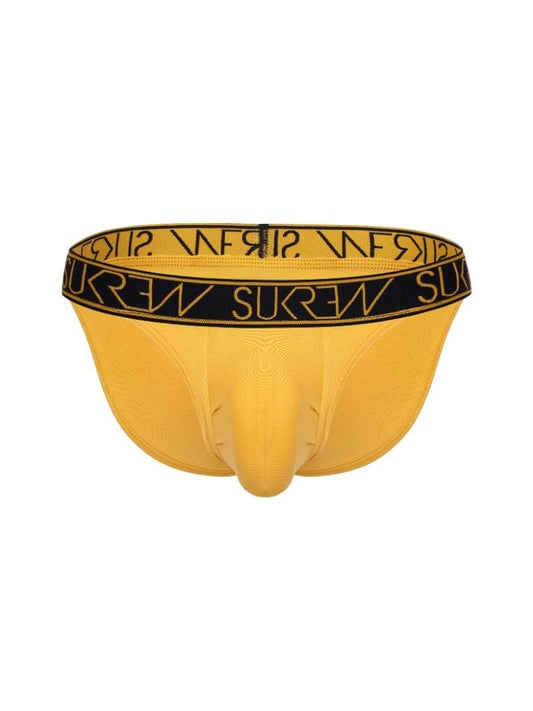 A yellow men's Tanga underwear with a black and orange signature waistband.