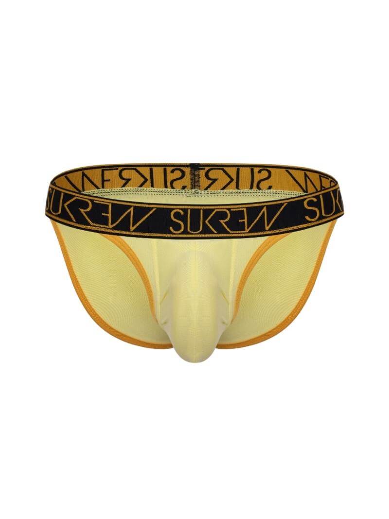 A yellow men's Tanga underwear with a black and orange signature waistband.
