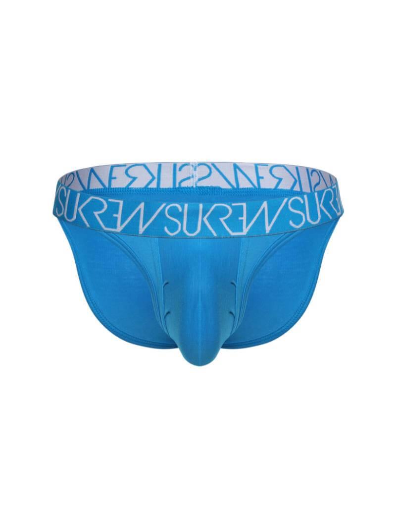Men's large pouch tanga brief with a blue elastic waistband featuring the SUKREW brand name.
