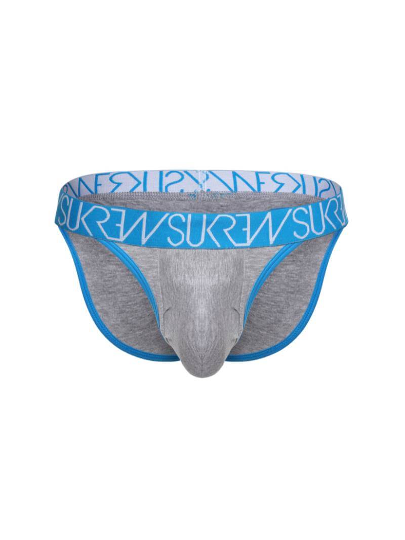 Men's large pouch tanga brief with a blue elastic waistband featuring the SUKREW brand name.