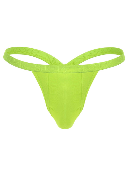 A neon yellow-green men's thong with a skinny, elastic waistband and a tapered pouch, shown against a plain white background.