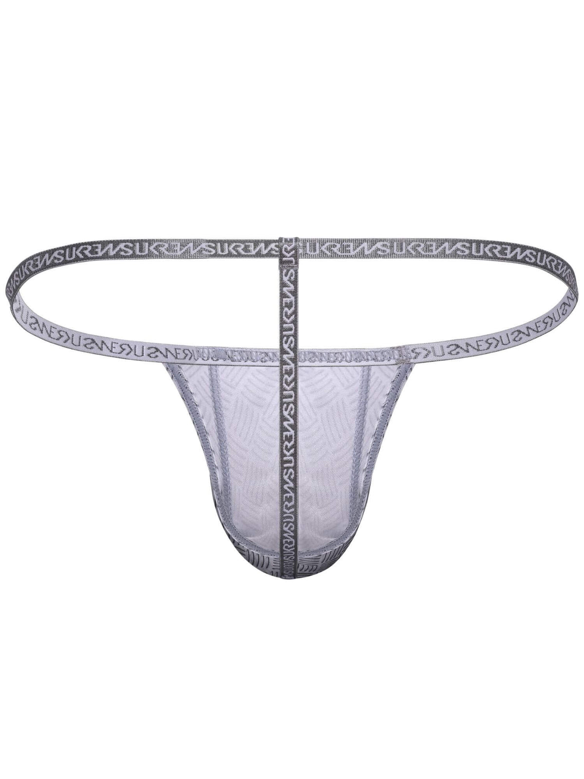 A thong with a gray elastic waistband and center seam, featuring the brand name 'SUKI' printed repeatedly on the waistband.