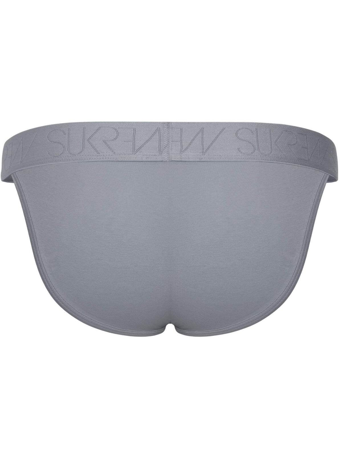 A pair of light gray men's briefs shown from the back, featuring a wide elastic waistband with the brand name debossed in a matching gray tone.