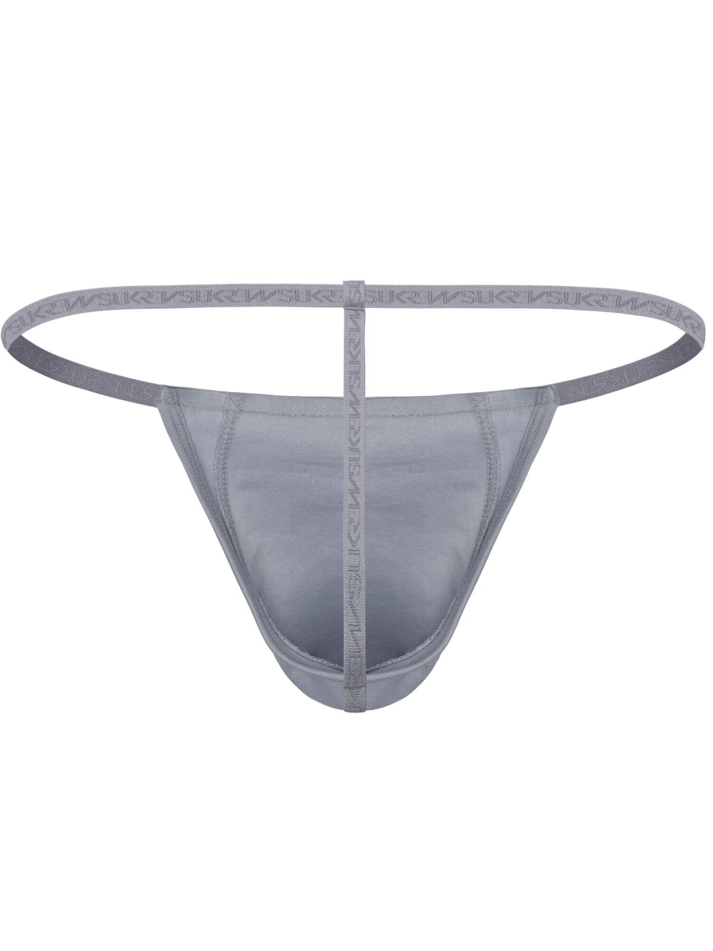 A light gray thong with a matching elastic waistband and center strap, shown against a plain white background.