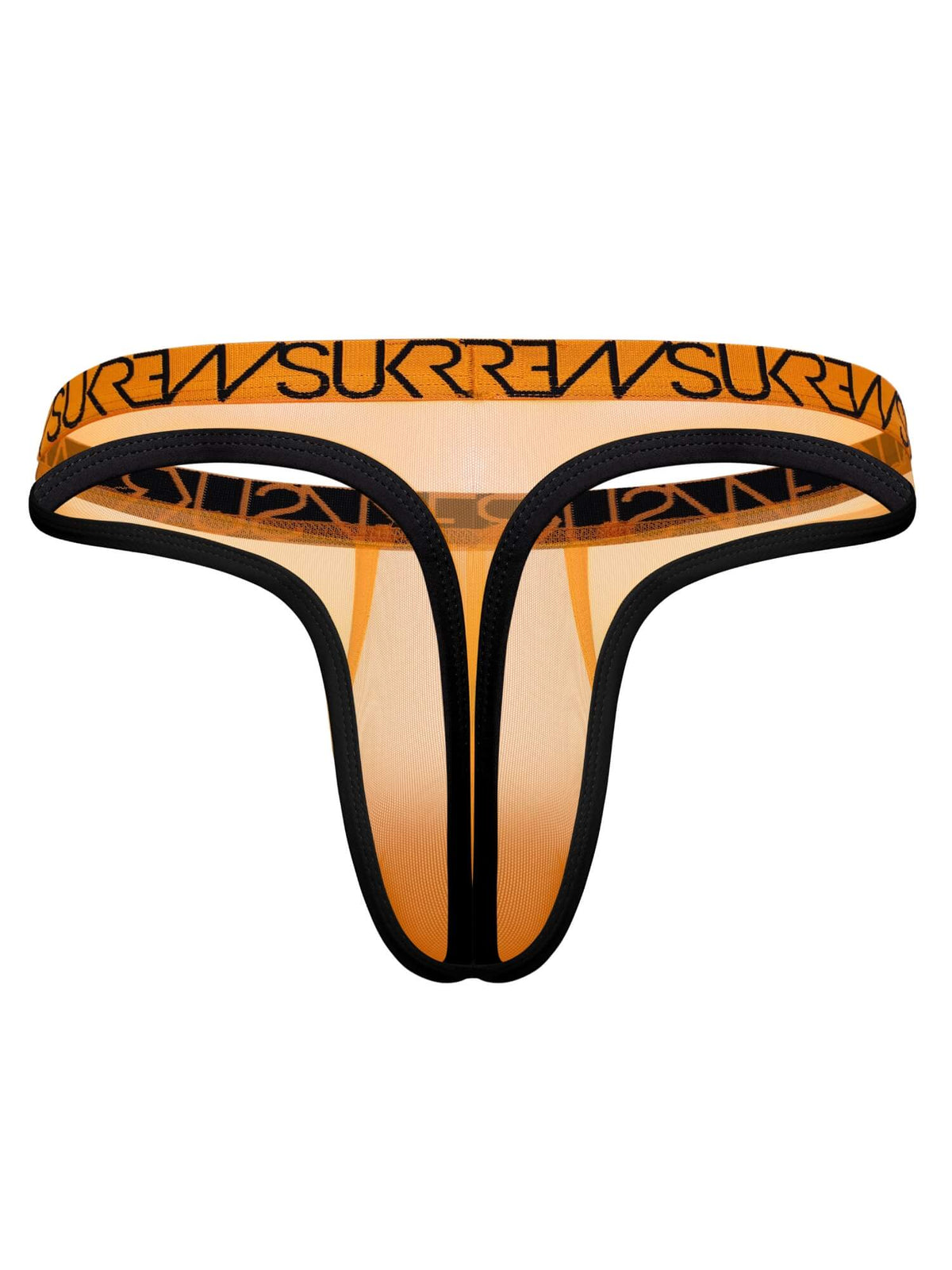 A sheer mesh thong in a warm peach-orange color with black trim and a black elastic waistband featuring the brand name 'SUKREW' repeated in black.