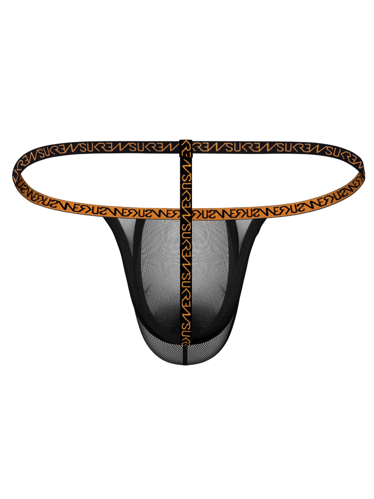 Black mesh men's thong underwear with a wide elastic waistband featuring a repeating orange and black logo pattern, shown against a plain white background.